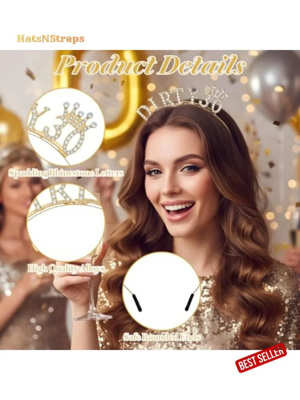 30th Birthday Tiara Headband, Gold Rhinestone Crown Headband for Women,